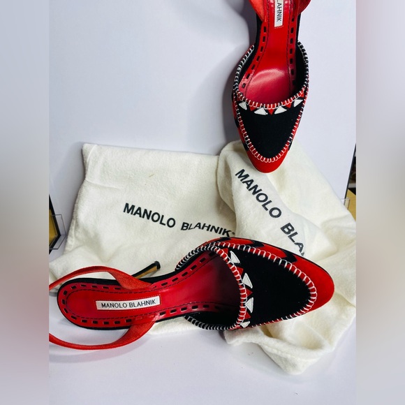 Manolo Blahnik Red and Black Patterned Suede snd Leather Heels Authentic - Picture 6 of 13